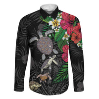 Hawaiian Tropical Plants and Turtles Family Matching Tank Maxi Dress and Hawaiian Shirt Polynesian Art Motifs LT03 Dad's Shirt - Long Sleeve Black - Polynesian Pride