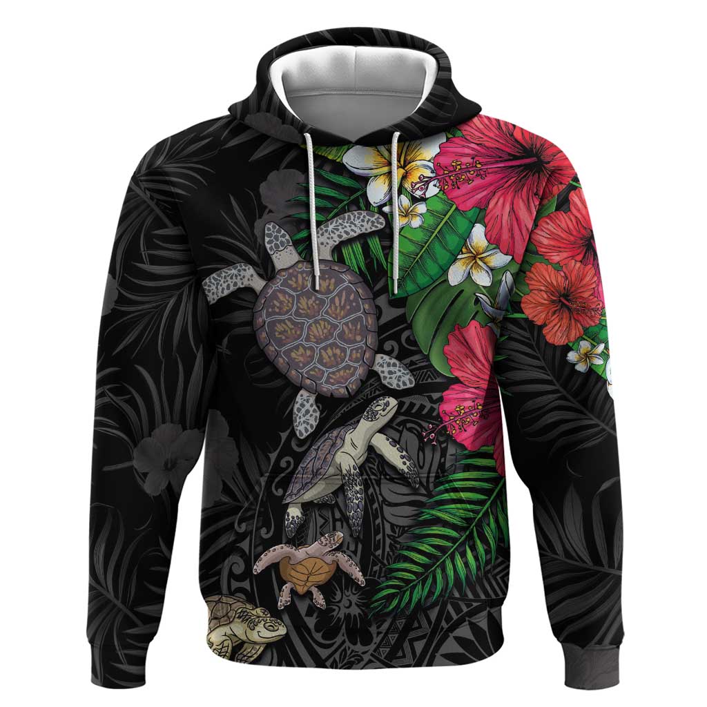 Hawaiian Tropical Plants and Turtles Hoodie Polynesian Art Motifs LT03 Pullover Hoodie Black - Polynesian Pride