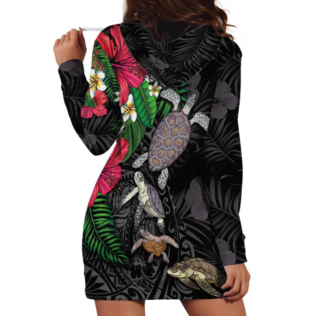 Hawaiian Tropical Plants and Turtles Hoodie Dress Polynesian Art Motifs