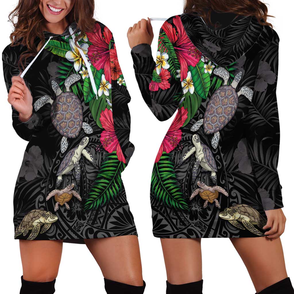 Hawaiian Tropical Plants and Turtles Hoodie Dress Polynesian Art Motifs
