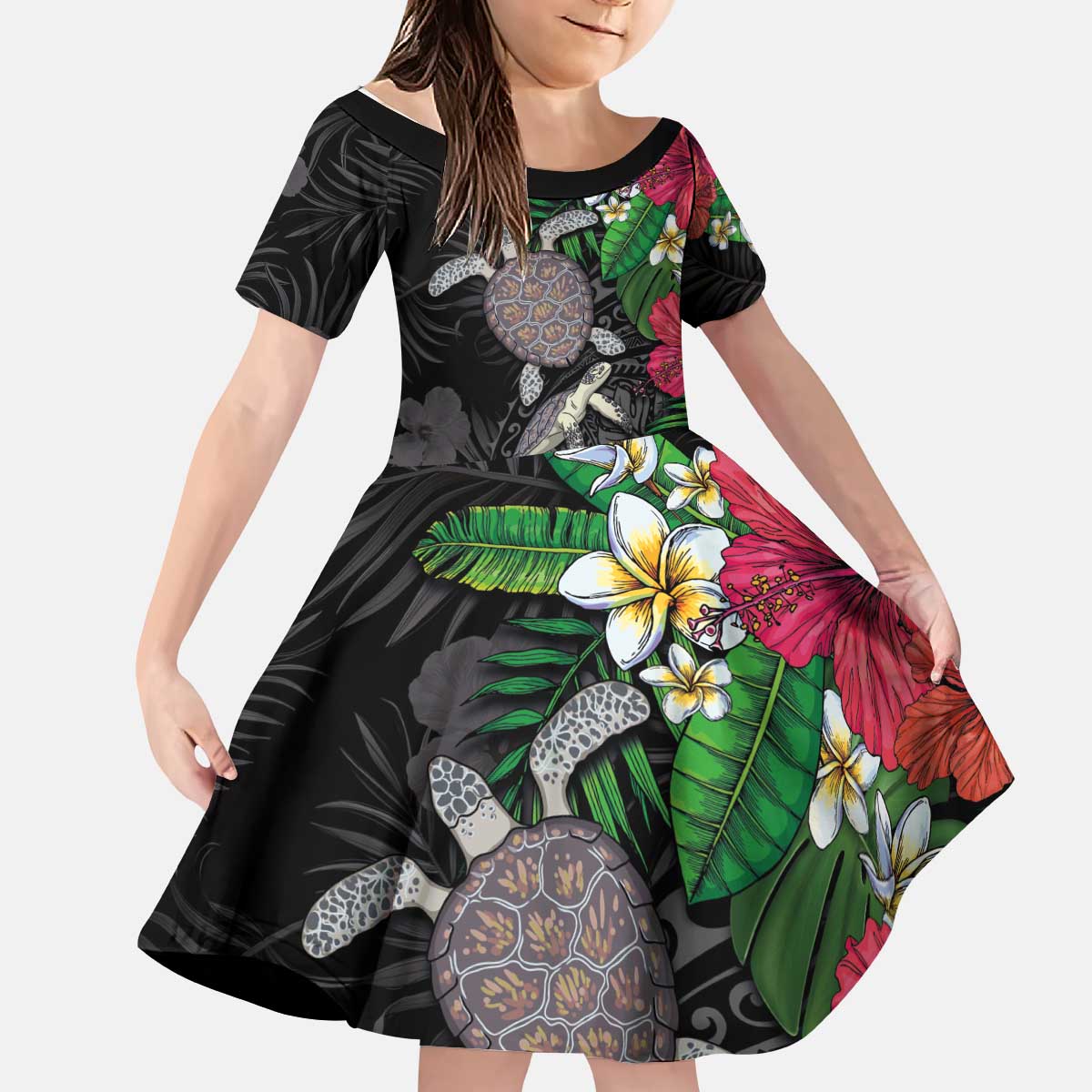 Hawaiian Tropical Plants and Turtles Kid Short Sleeve Dress Polynesian Art Motifs