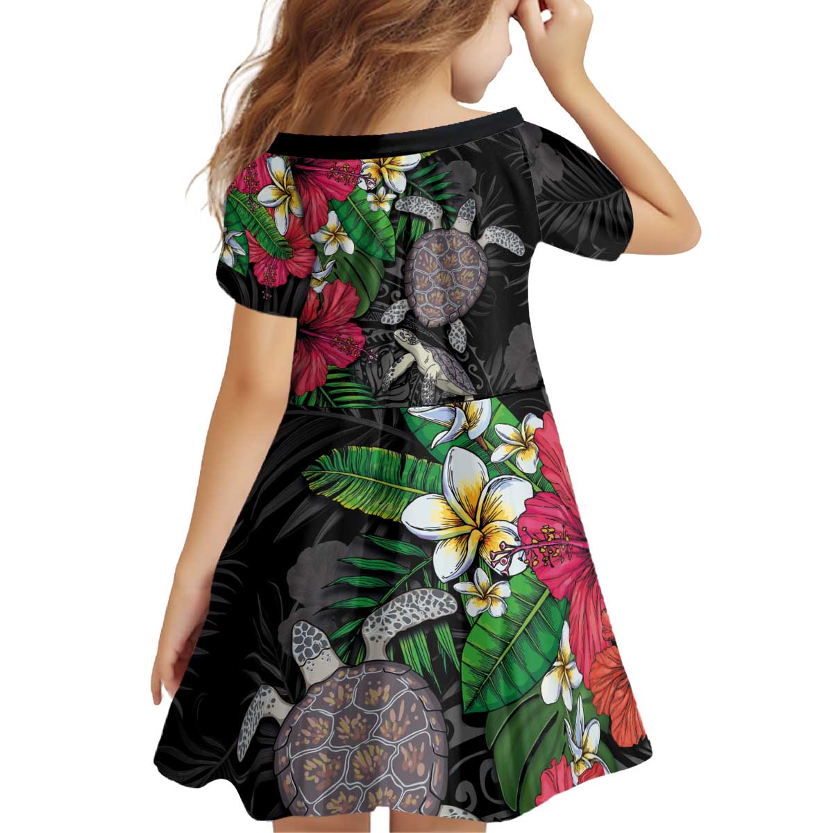 Hawaiian Tropical Plants and Turtles Kid Short Sleeve Dress Polynesian Art Motifs