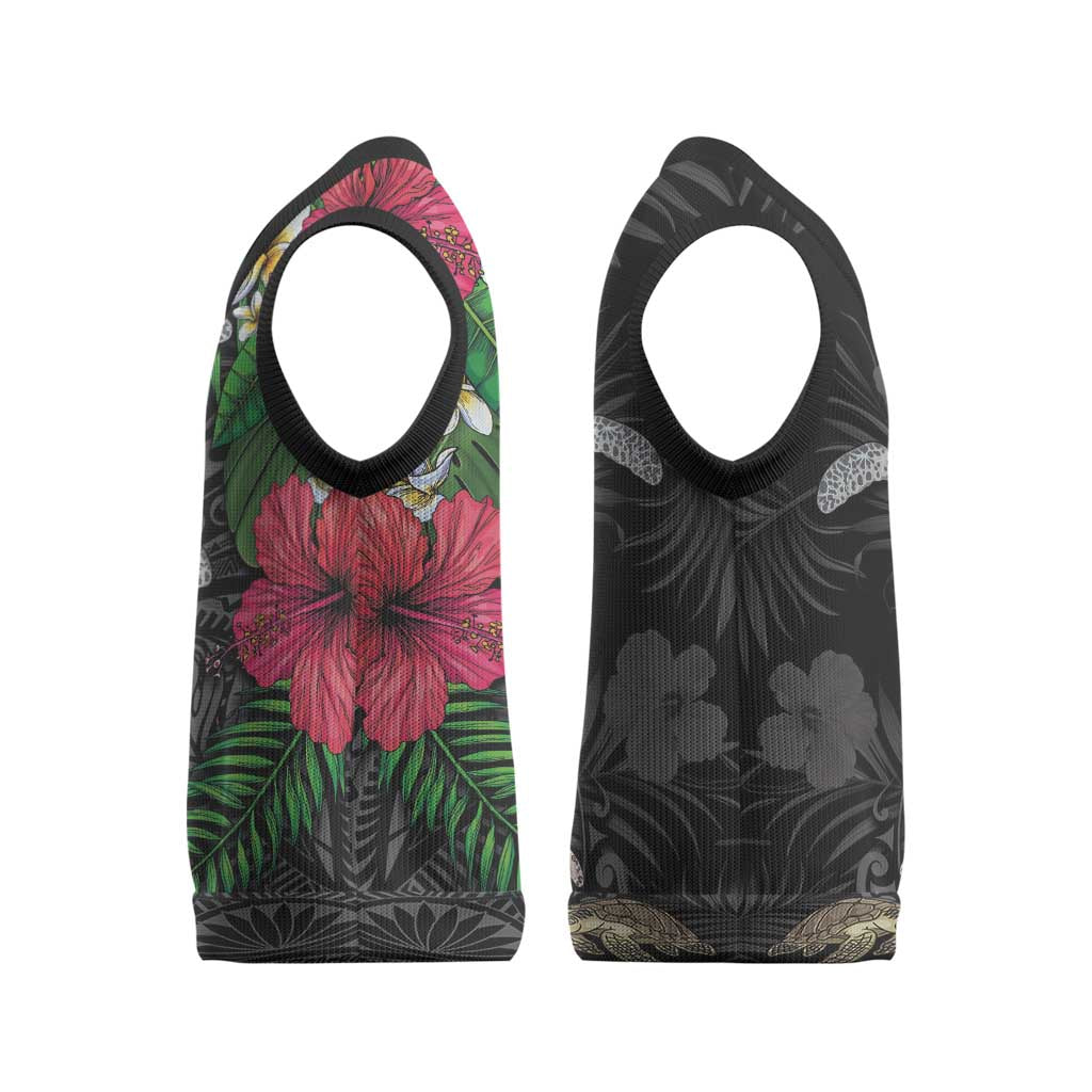 Hawaiian Tropical Plants and Turtles Christmas Knitted V-Neck Vest Polynesian Art Motifs