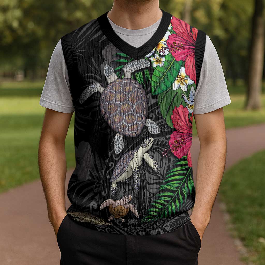 Hawaiian Tropical Plants and Turtles Christmas Knitted V-Neck Vest Polynesian Art Motifs