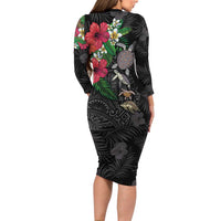 Hawaiian Tropical Plants and Turtles Long Sleeve Bodycon Dress Polynesian Art Motifs