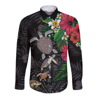 Hawaiian Tropical Plants and Turtles Long Sleeve Button Shirt Polynesian Art Motifs