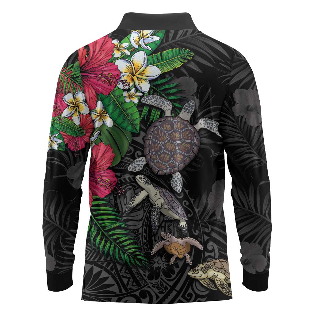Hawaiian Tropical Plants and Turtles Long Sleeve Polo Shirt Polynesian Art Motifs