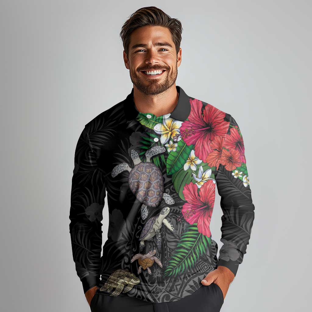 Hawaiian Tropical Plants and Turtles Long Sleeve Polo Shirt Polynesian Art Motifs