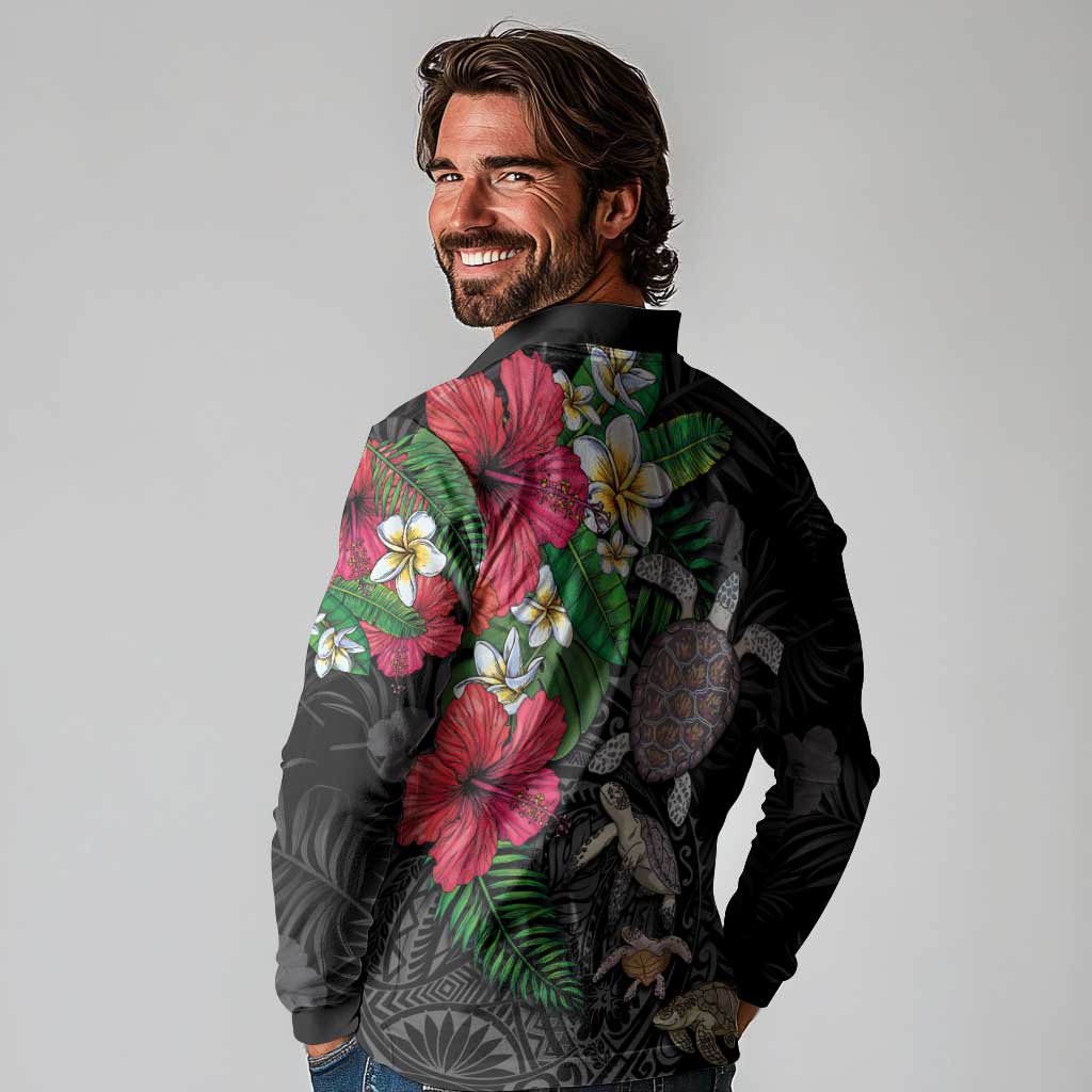 Hawaiian Tropical Plants and Turtles Long Sleeve Polo Shirt Polynesian Art Motifs