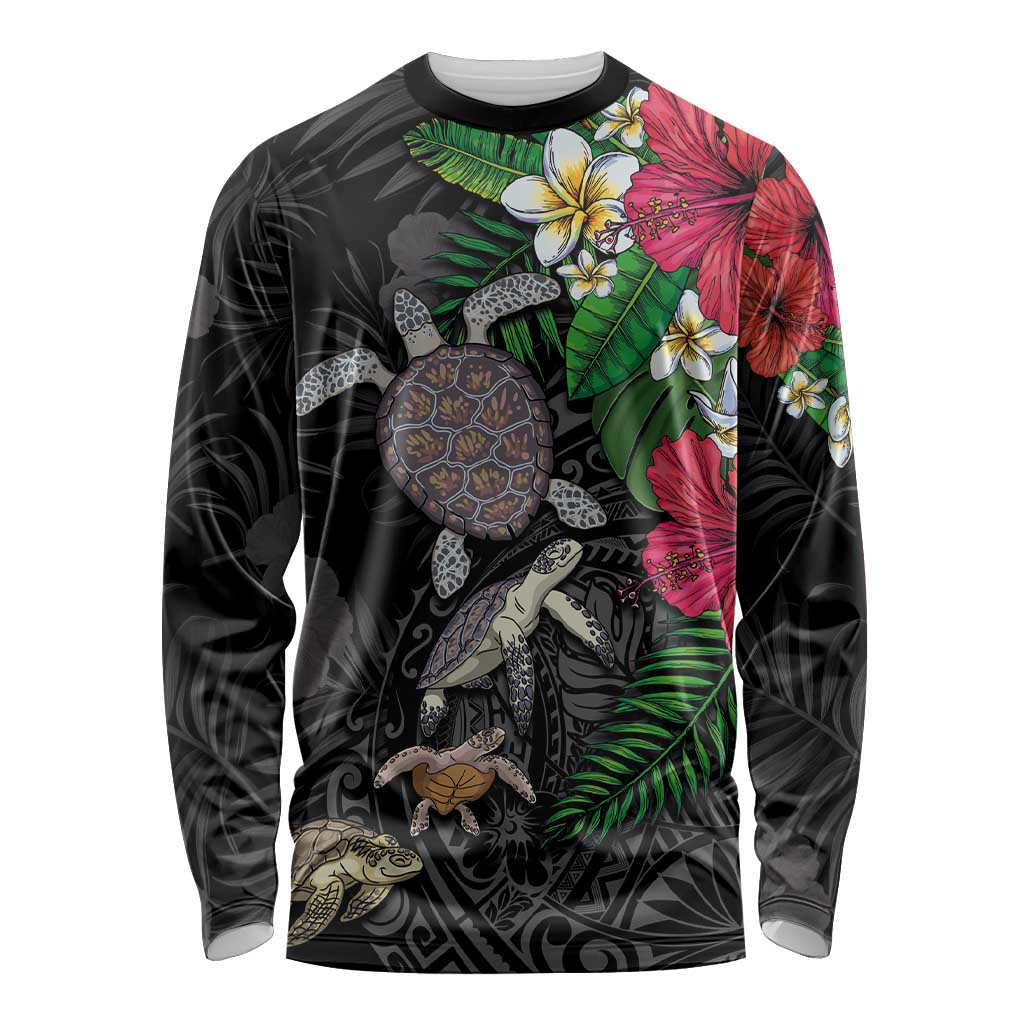 Hawaiian Tropical Plants and Turtles Long Sleeve Shirt Polynesian Art Motifs