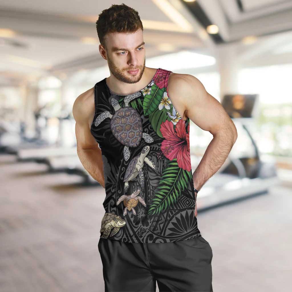 Hawaiian Tropical Plants and Turtles Men Tank Top Polynesian Art Motifs