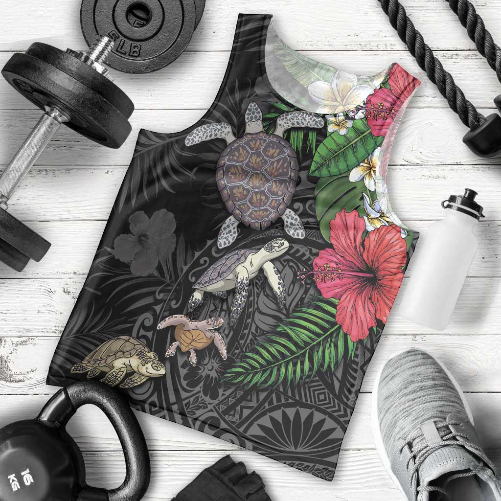 Hawaiian Tropical Plants and Turtles Men Tank Top Polynesian Art Motifs