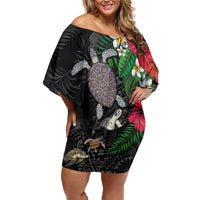 Hawaiian Tropical Plants and Turtles Off Shoulder Short Dress Polynesian Art Motifs
