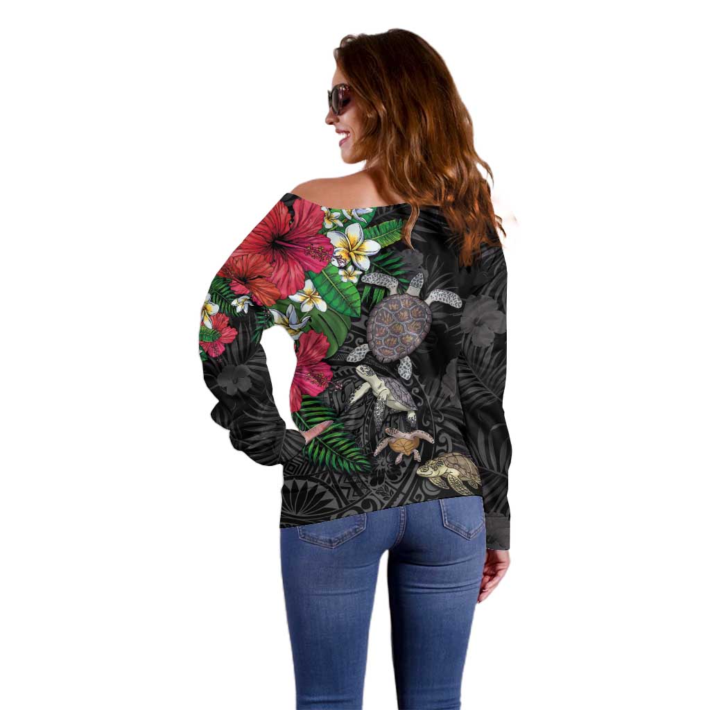 Hawaiian Tropical Plants and Turtles Off Shoulder Sweater Polynesian Art Motifs