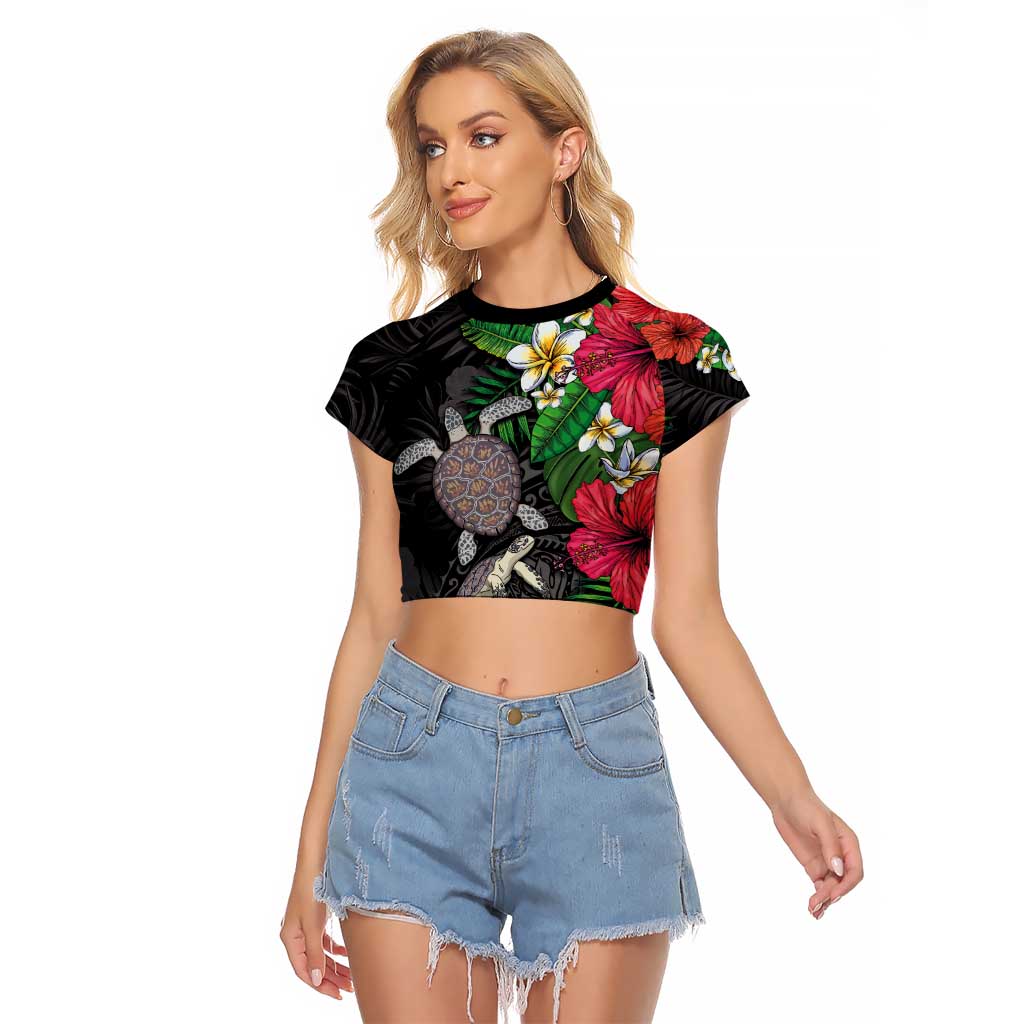Hawaiian Tropical Plants and Turtles Raglan Cropped T Shirt Polynesian Art Motifs