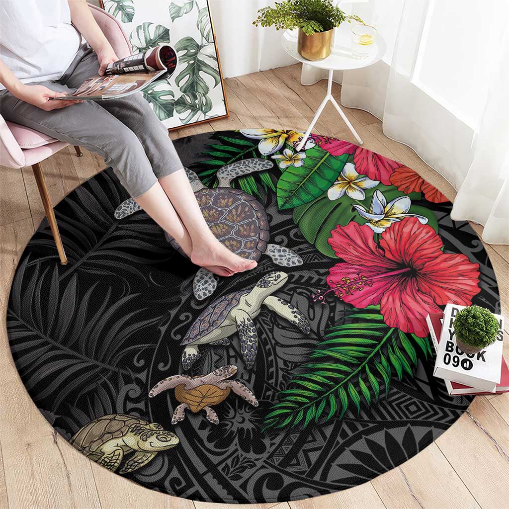 Hawaiian Tropical Plants and Turtles Round Carpet Polynesian Art Motifs