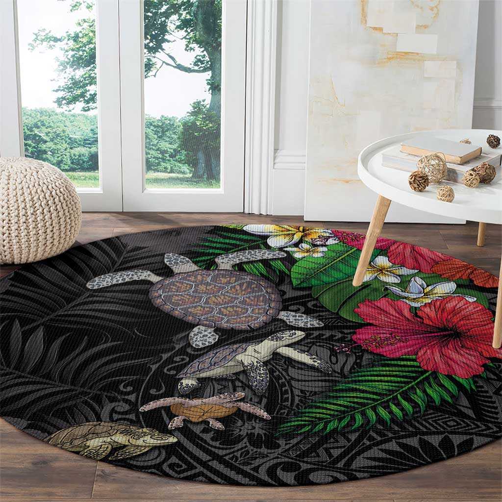 Hawaiian Tropical Plants and Turtles Round Carpet Polynesian Art Motifs