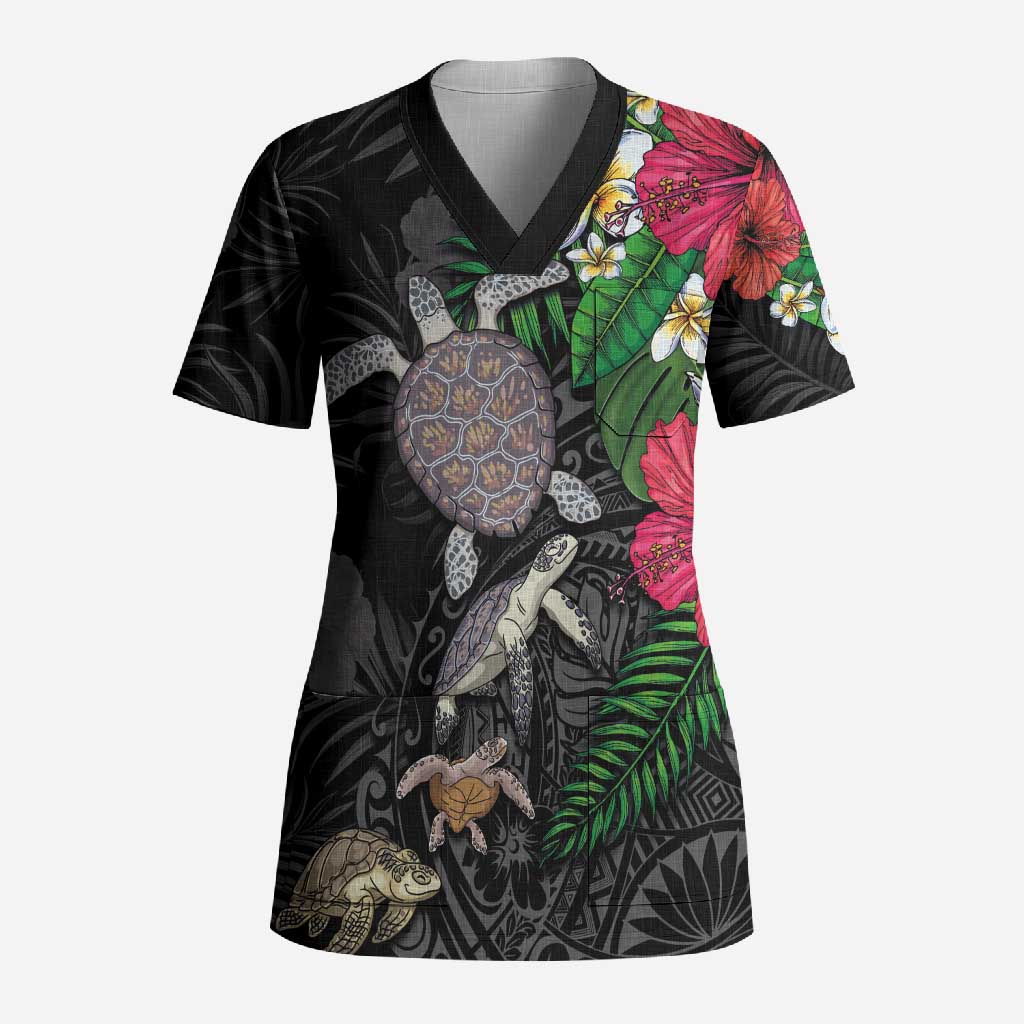 Hawaiian Tropical Plants and Turtles Scrub Top Polynesian Art Motifs