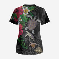 Hawaiian Tropical Plants and Turtles Scrub Top Polynesian Art Motifs