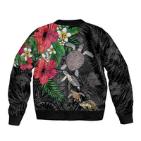 Hawaiian Tropical Plants and Turtles Sleeve Zip Bomber Jacket Polynesian Art Motifs