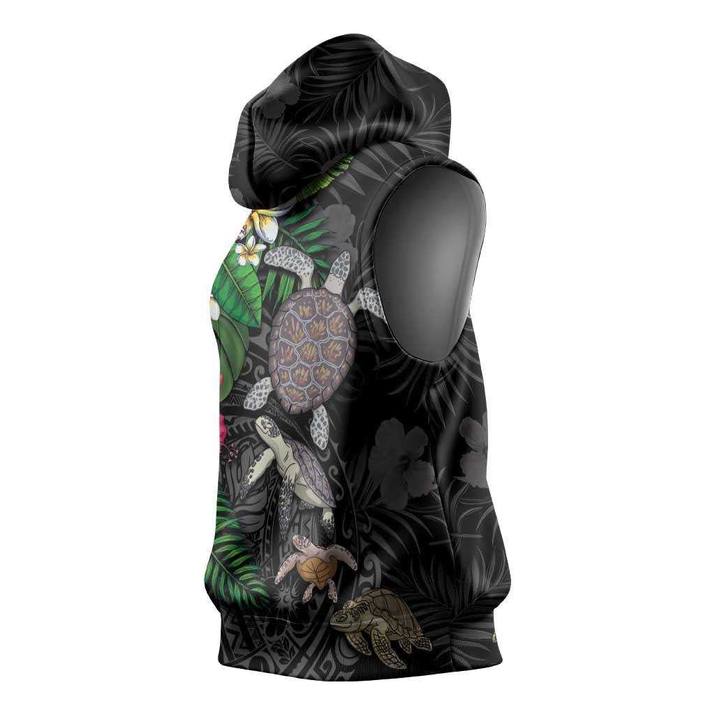 Hawaiian Tropical Plants and Turtles Sleeveless Hoodie Polynesian Art Motifs