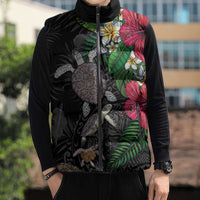 Hawaiian Tropical Plants and Turtles Sleeveless Puffer Jacket Polynesian Art Motifs