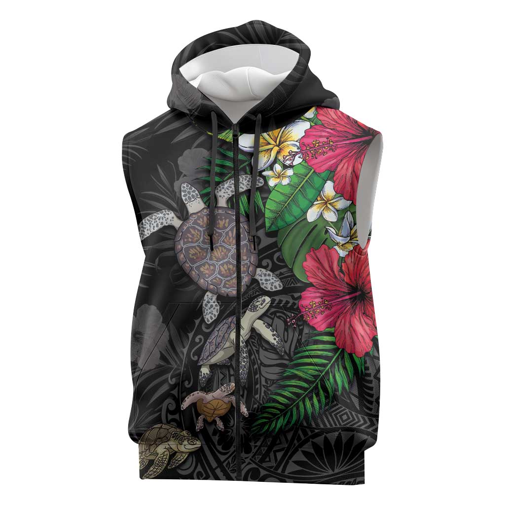 Hawaiian Tropical Plants and Turtles Sleeveless Zip Hoodie Polynesian Art Motifs