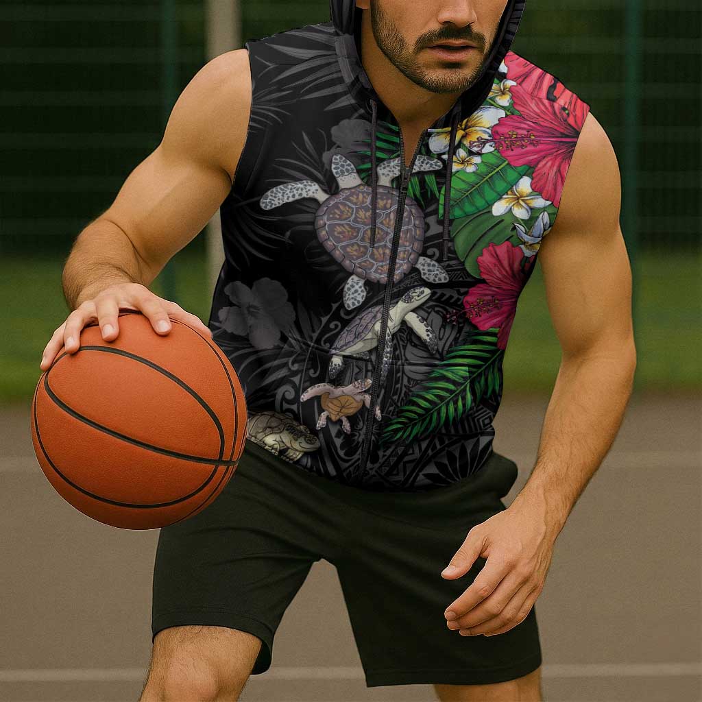 Hawaiian Tropical Plants and Turtles Sleeveless Zip Hoodie Polynesian Art Motifs