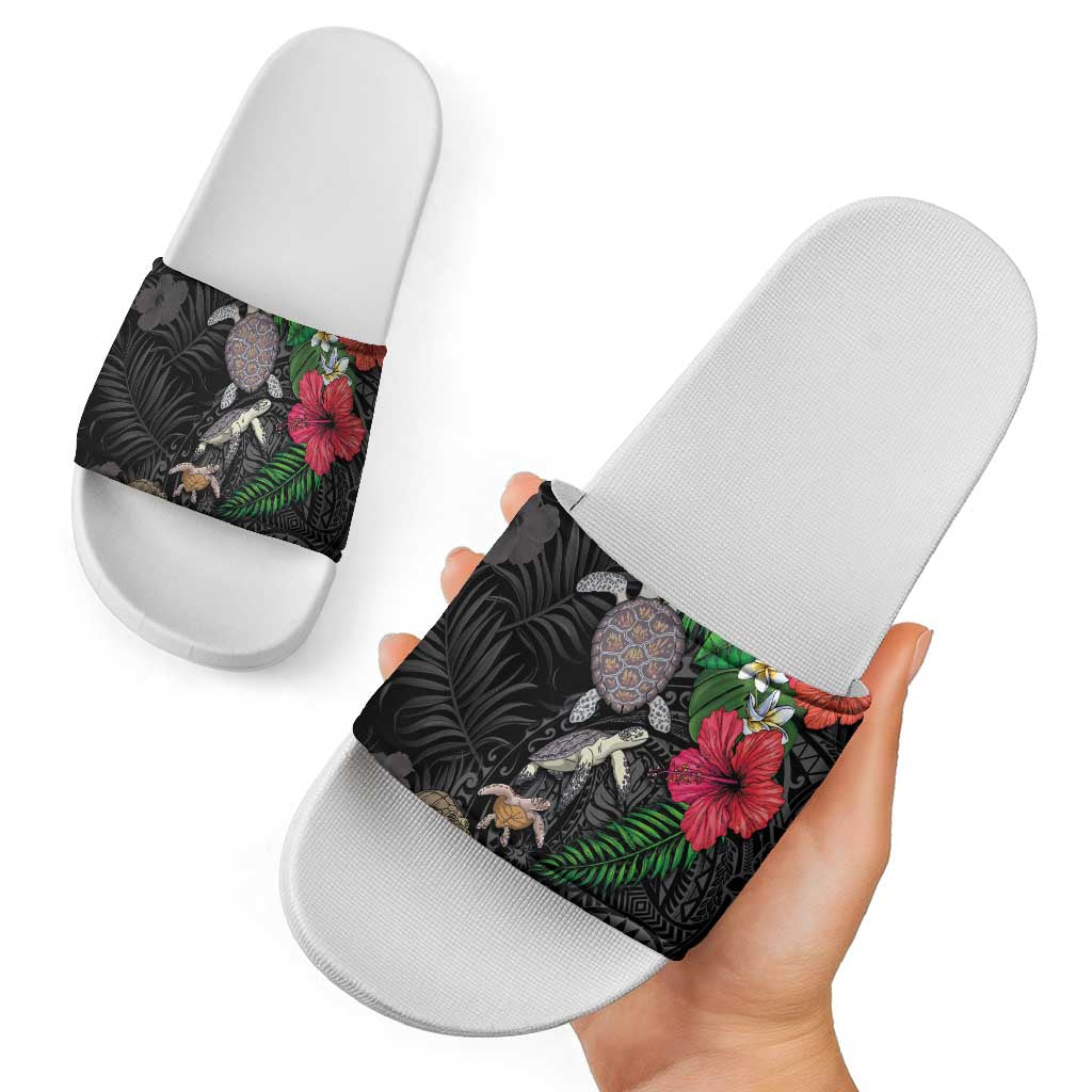 Hawaiian Tropical Plants and Turtles Slide Sandals Polynesian Art Motifs