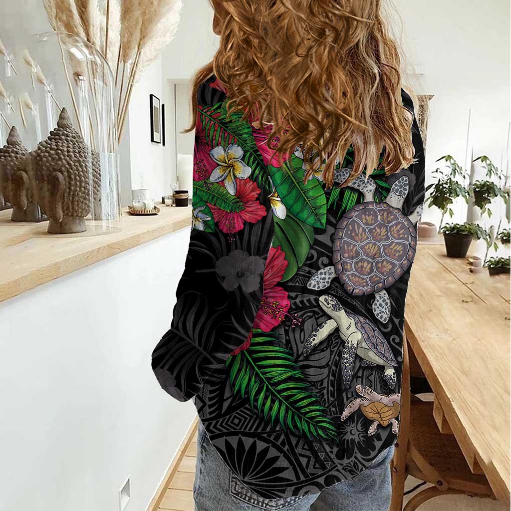 Hawaiian Tropical Plants and Turtles Women Casual Shirt Polynesian Art Motifs
