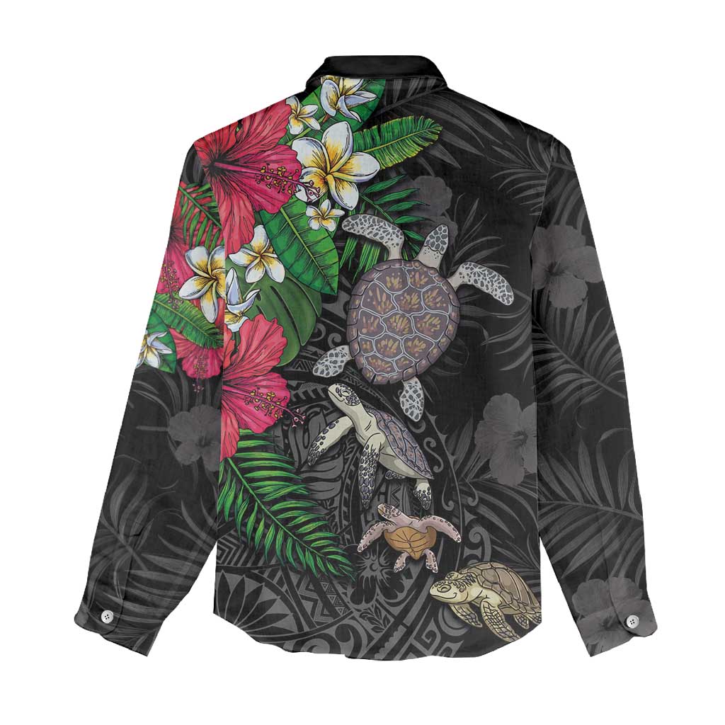 Hawaiian Tropical Plants and Turtles Women Casual Shirt Polynesian Art Motifs
