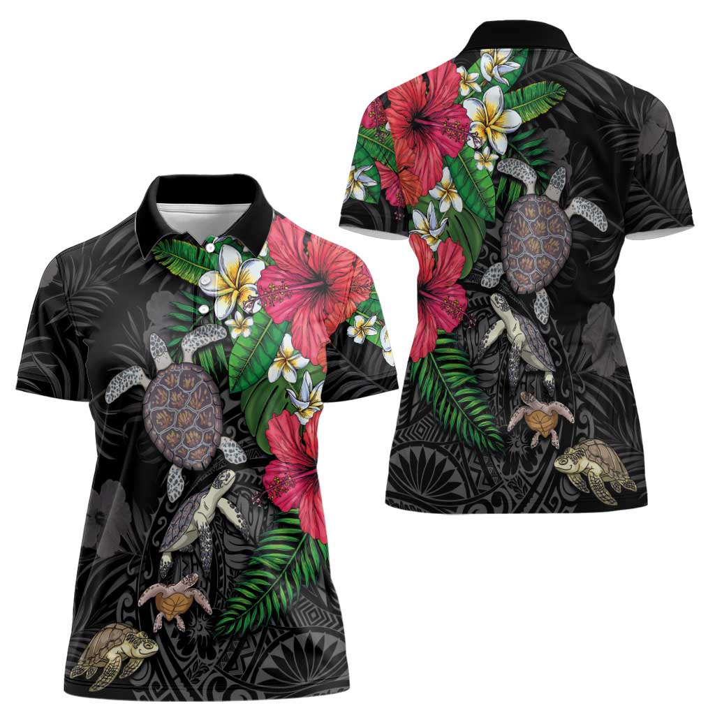 Hawaiian Tropical Plants and Turtles Women Polo Shirt Polynesian Art Motifs
