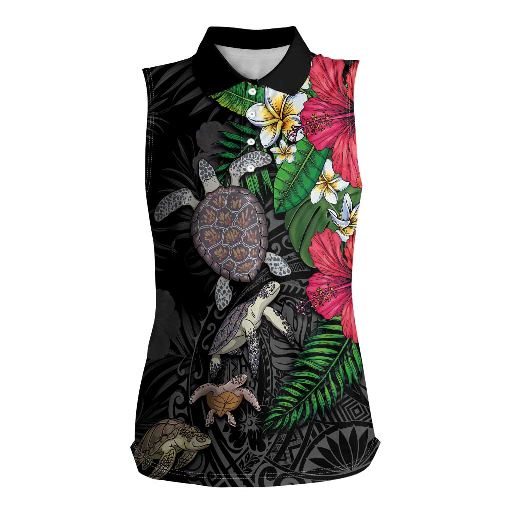 Hawaiian Tropical Plants and Turtles Women Sleeveless Polo Shirt Polynesian Art Motifs