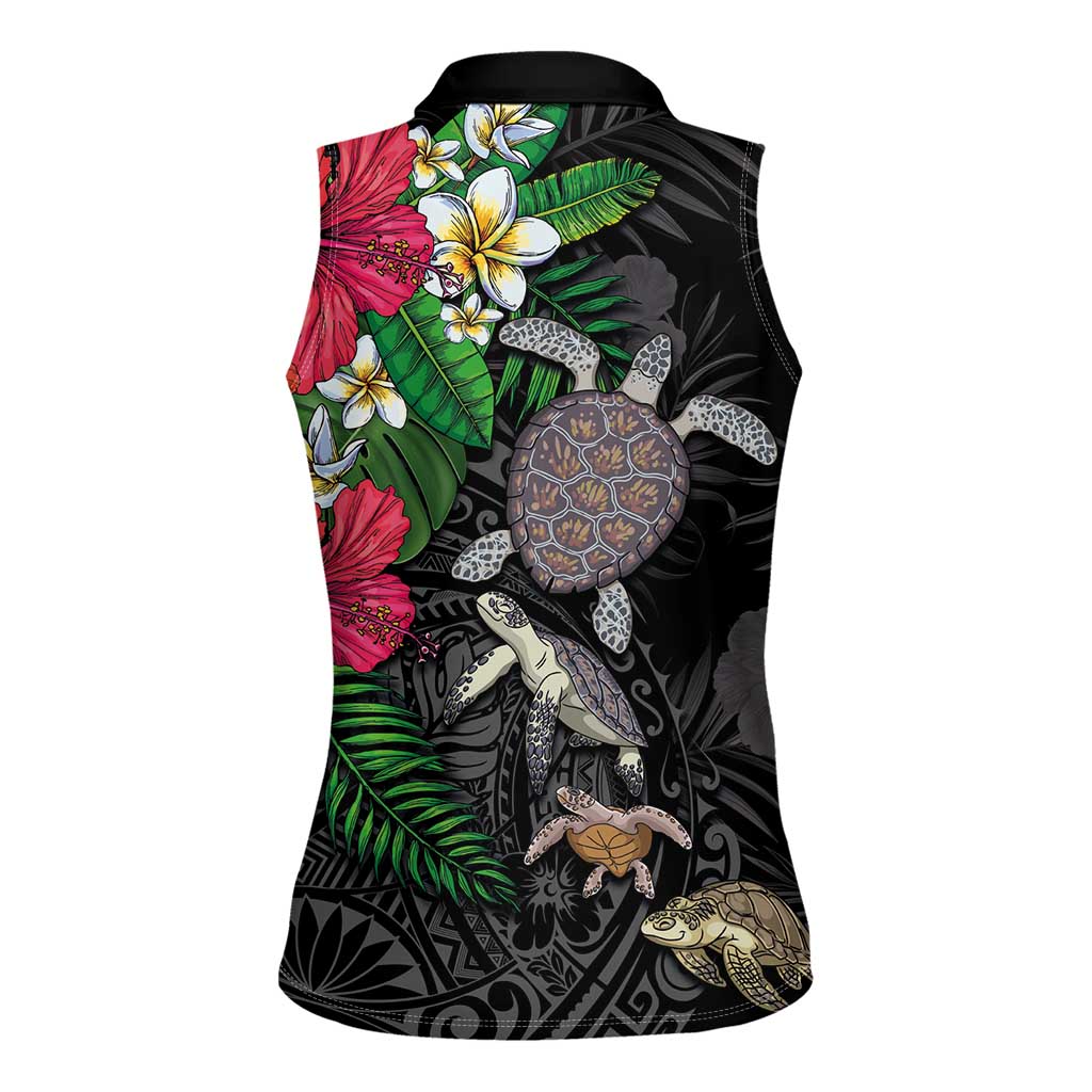 Hawaiian Tropical Plants and Turtles Women Sleeveless Polo Shirt Polynesian Art Motifs