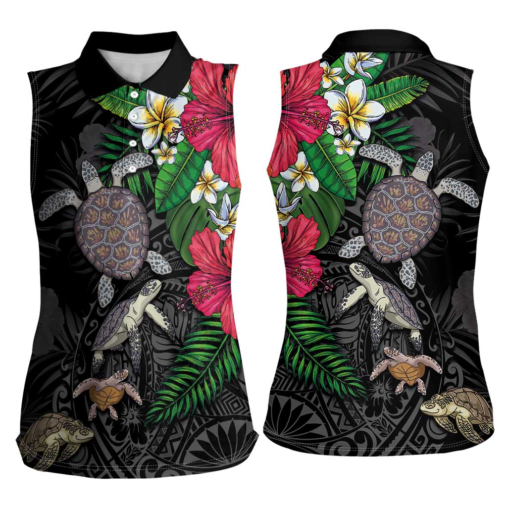 Hawaiian Tropical Plants and Turtles Women Sleeveless Polo Shirt Polynesian Art Motifs