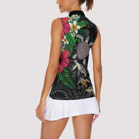 Hawaiian Tropical Plants and Turtles Women Sleeveless Polo Shirt Polynesian Art Motifs