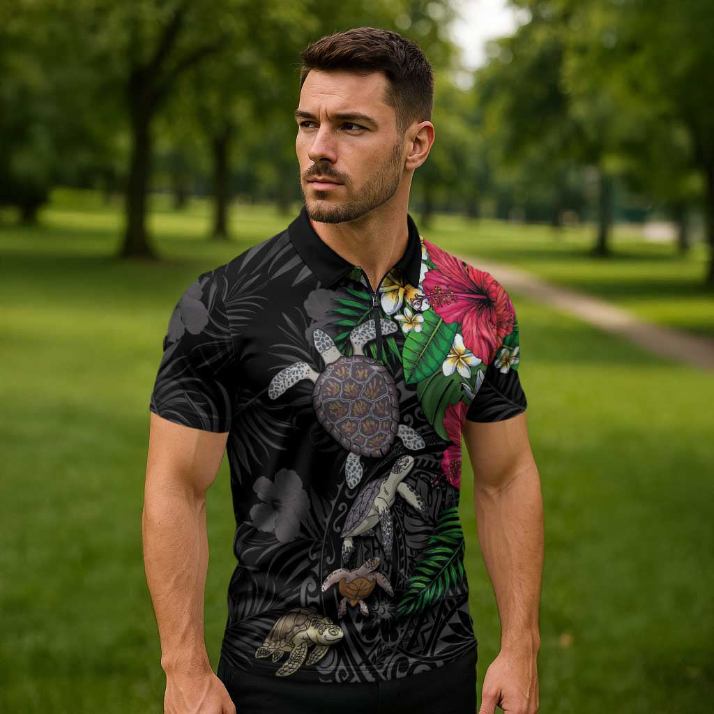 Hawaiian Tropical Plants and Turtles Zipper Polo Shirt Polynesian Art Motifs