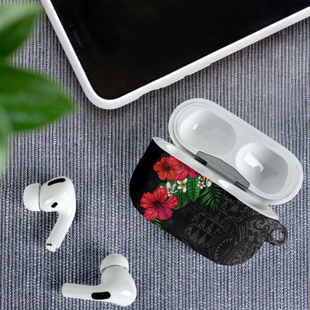 Hawaiian Tropical Plants AirPods Case Kakau Tattoo and Polynesian Pattern Half Black Color