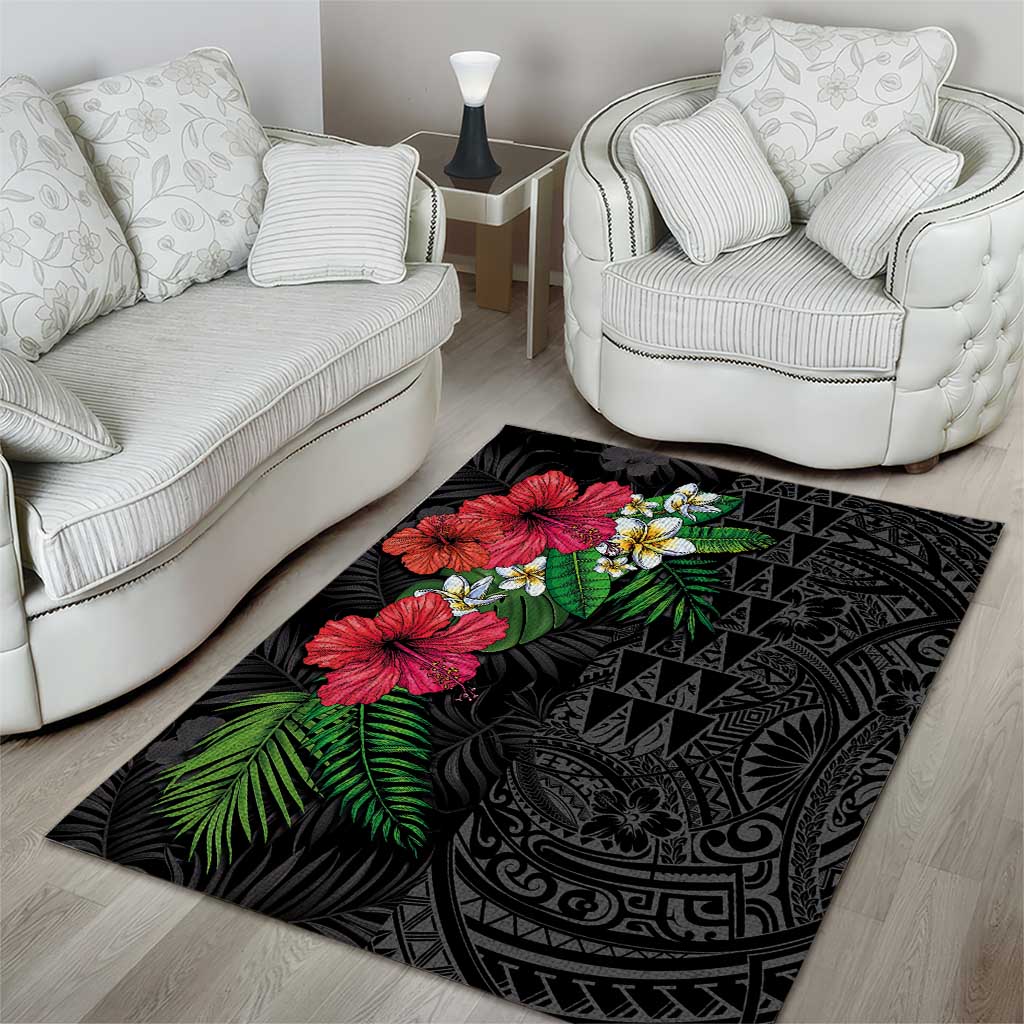 Hawaiian Tropical Plants Area Rug Kakau Tattoo and Polynesian Pattern Half Black Color