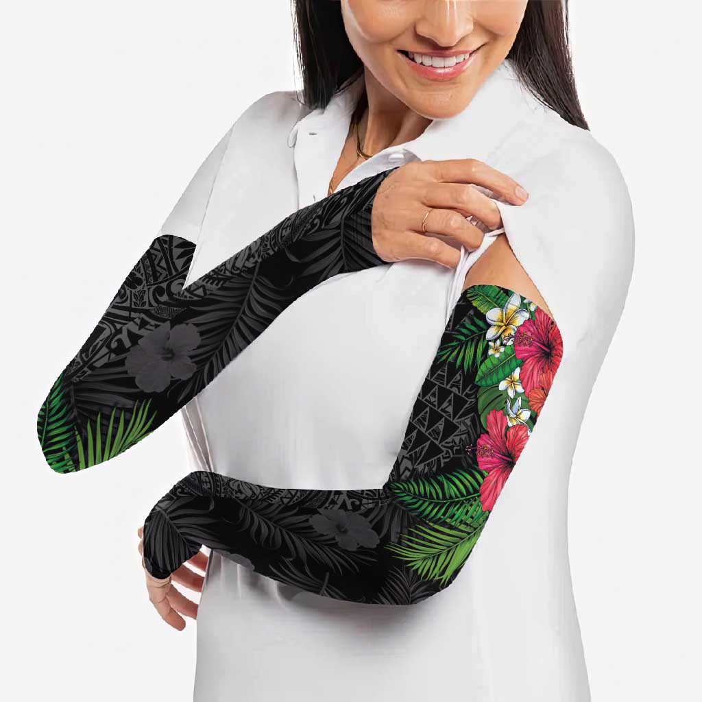 Hawaiian Tropical Plants Arm Sleeves Kakau Tattoo and Polynesian Pattern Half Black Color