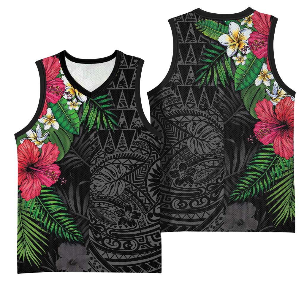 Hawaiian Tropical Plants Basketball Jersey Kakau Tattoo and Polynesian Pattern Half Black Color