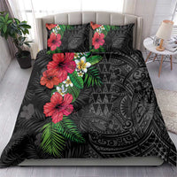 Hawaiian Tropical Plants Bedding Set Kakau Tattoo and Polynesian Pattern Half Black Color