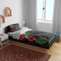 Hawaiian Tropical Plants Bedding Set Kakau Tattoo and Polynesian Pattern Half Black Color