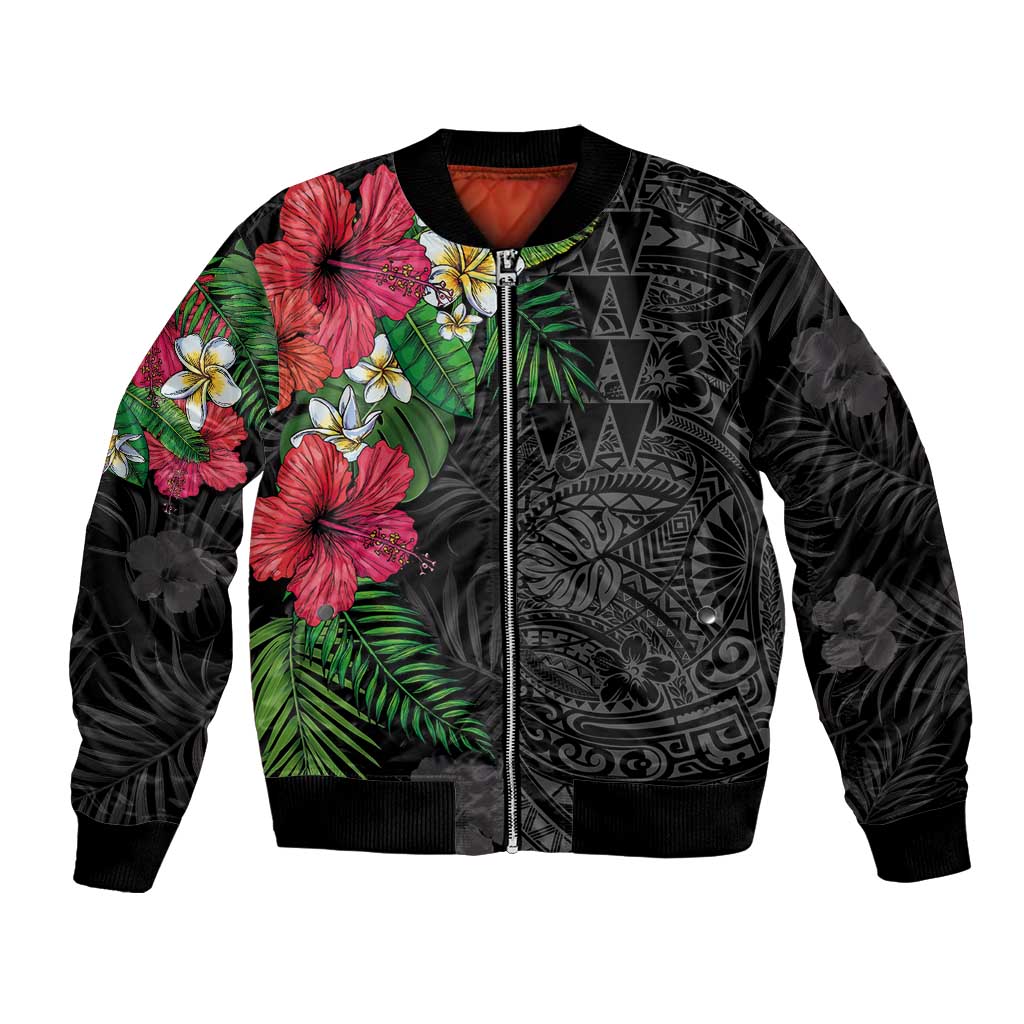 Hawaiian Tropical Plants Bomber Jacket Kakau Tattoo and Polynesian Pattern Half Black Color