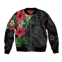 Hawaiian Tropical Plants Bomber Jacket Kakau Tattoo and Polynesian Pattern Half Black Color
