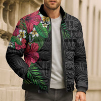 Hawaiian Tropical Plants Bomber Puffer Jacket Kakau Tattoo and Polynesian Pattern Half Black Color