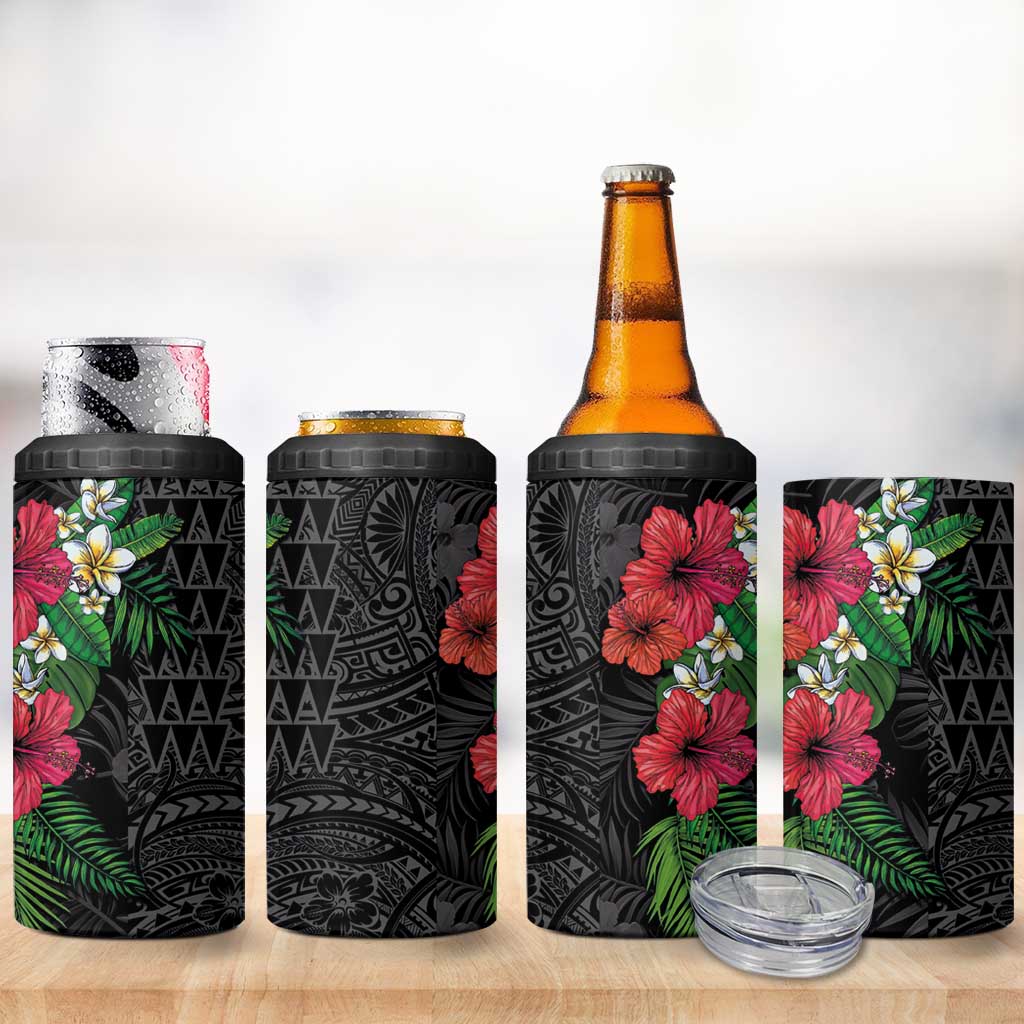 Hawaiian Tropical Plants 4 in 1 Can Cooler Tumbler Kakau Tattoo and Polynesian Pattern Half Black Color