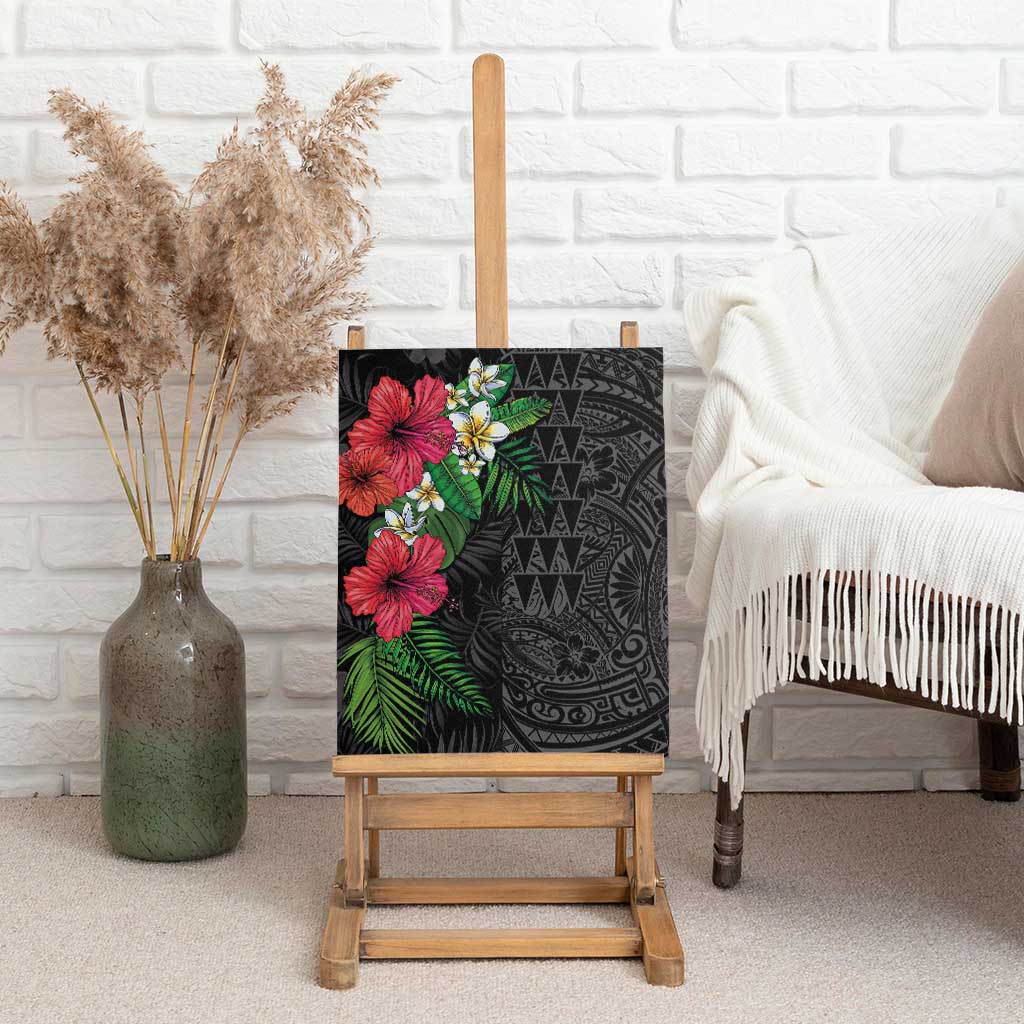 Hawaiian Tropical Plants Canvas Wall Art Kakau Tattoo and Polynesian Pattern Half Black Color