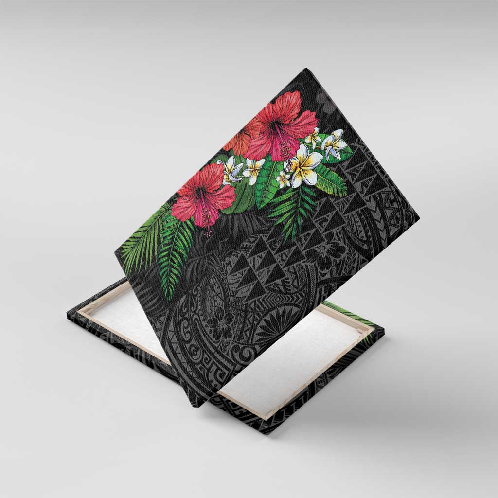 Hawaiian Tropical Plants Canvas Wall Art Kakau Tattoo and Polynesian Pattern Half Black Color
