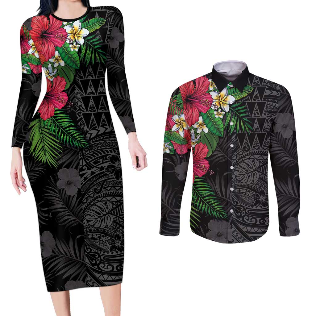 Hawaiian Tropical Plants Couples Matching Long Sleeve Bodycon Dress and Long Sleeve Button Shirt Kakau Tattoo and Polynesian Pattern Half Black Color